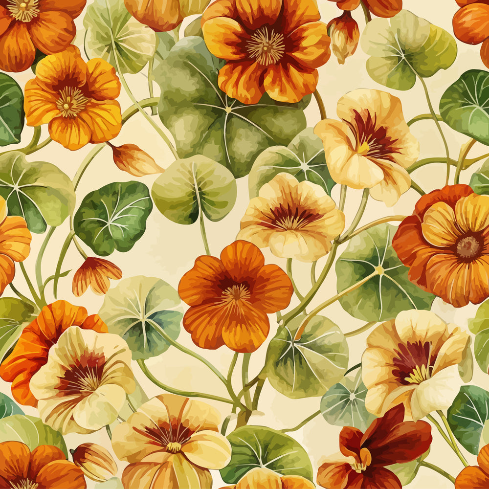 nasturtiums, floral pattern, orange flowers, yellow blooms, green leaves, cream background, botanical design, art nouveau style,, fabric panel, flowing vines, round leaves, delicate petals, warm tones, nature motif, garden flowers, seamless pattern, decorative florals, organic shapes, vintage inspired
