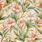 peach background, coral lilies, salmon flowers, green foliage, botanical pattern, watercolor style, floral design,, fabric panel, tropical blooms, lily blossoms, nature motif, soft pastels, realistic flowers, garden theme, seamless repeat, art nouveau, organic shapes, spring florals