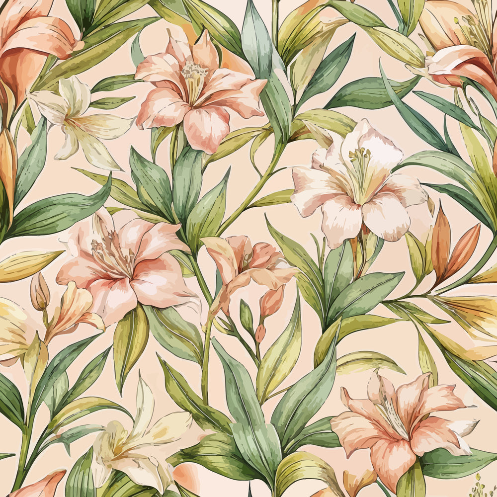 peach background, coral lilies, salmon flowers, green foliage, botanical pattern, watercolor style, floral design,, fabric panel, tropical blooms, lily blossoms, nature motif, soft pastels, realistic flowers, garden theme, seamless repeat, art nouveau, organic shapes, spring florals