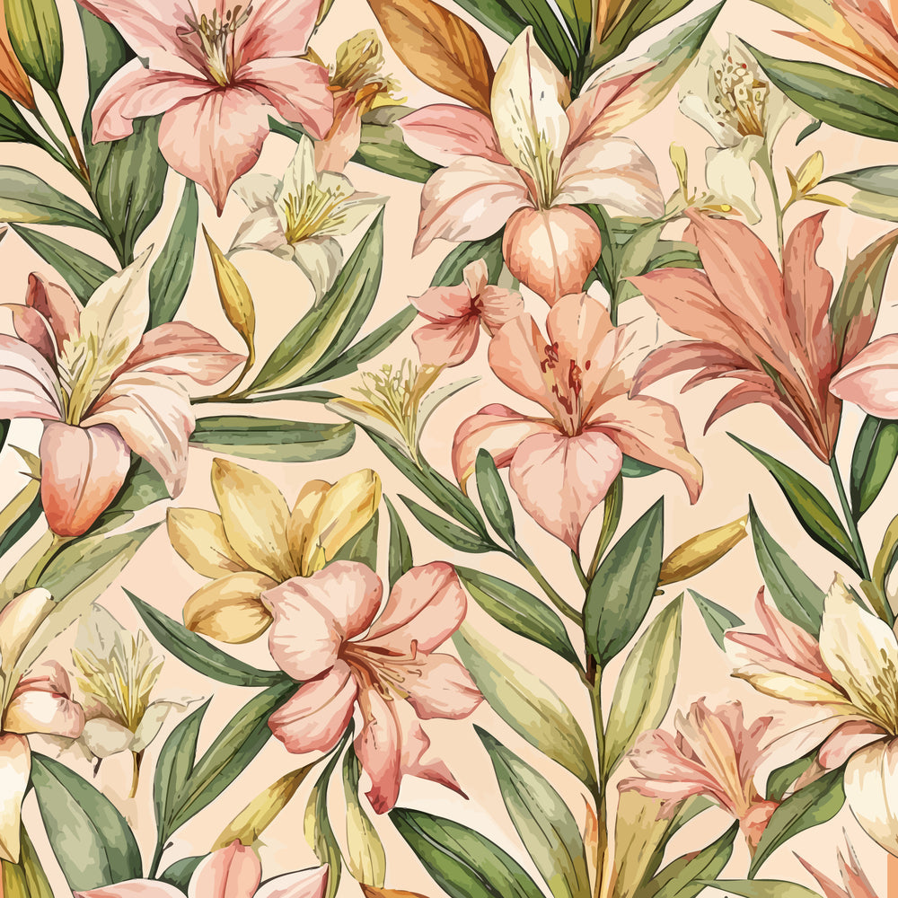 pink lilies, coral flowers, green leaves, botanical pattern, floral design, watercolor style, tropical blooms, cream background, peachy pink, sage green, lily petals, stamens, seamless repeat, nature motif,, fabric panel, soft pastels, garden flowers, delicate florals, artistic rendering
