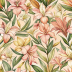 pink lilies, coral flowers, green leaves, botanical pattern, floral design, watercolor style, tropical blooms, cream background, peachy pink, sage green, lily petals, stamens, seamless repeat, nature motif,, fabric panel, soft pastels, garden flowers, delicate florals, artistic rendering