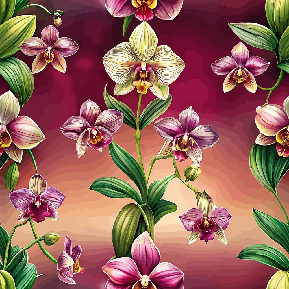 orchids, floral pattern, burgundy background, purple flowers, cream petals, green leaves, botanical design, art nouveau style,, fabric panel, tropical flowers, elegant blooms, nature motif, deep red, mauve, sage green, repeating pattern, exotic flowers, vintage style, decorative florals