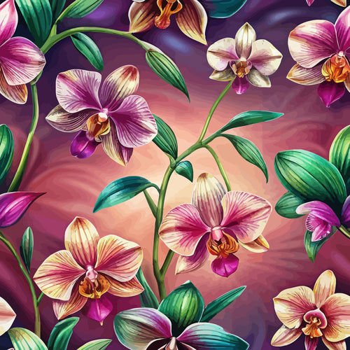 orchids, floral pattern, purple background, magenta, lavender, cream petals, green leaves, botanical design, art nouveau style, tropical flowers, exotic blooms,, fabric panel, nature motif, elegant florals, vibrant colors, realistic orchids, decorative pattern, cotton fabric, seamless repeat