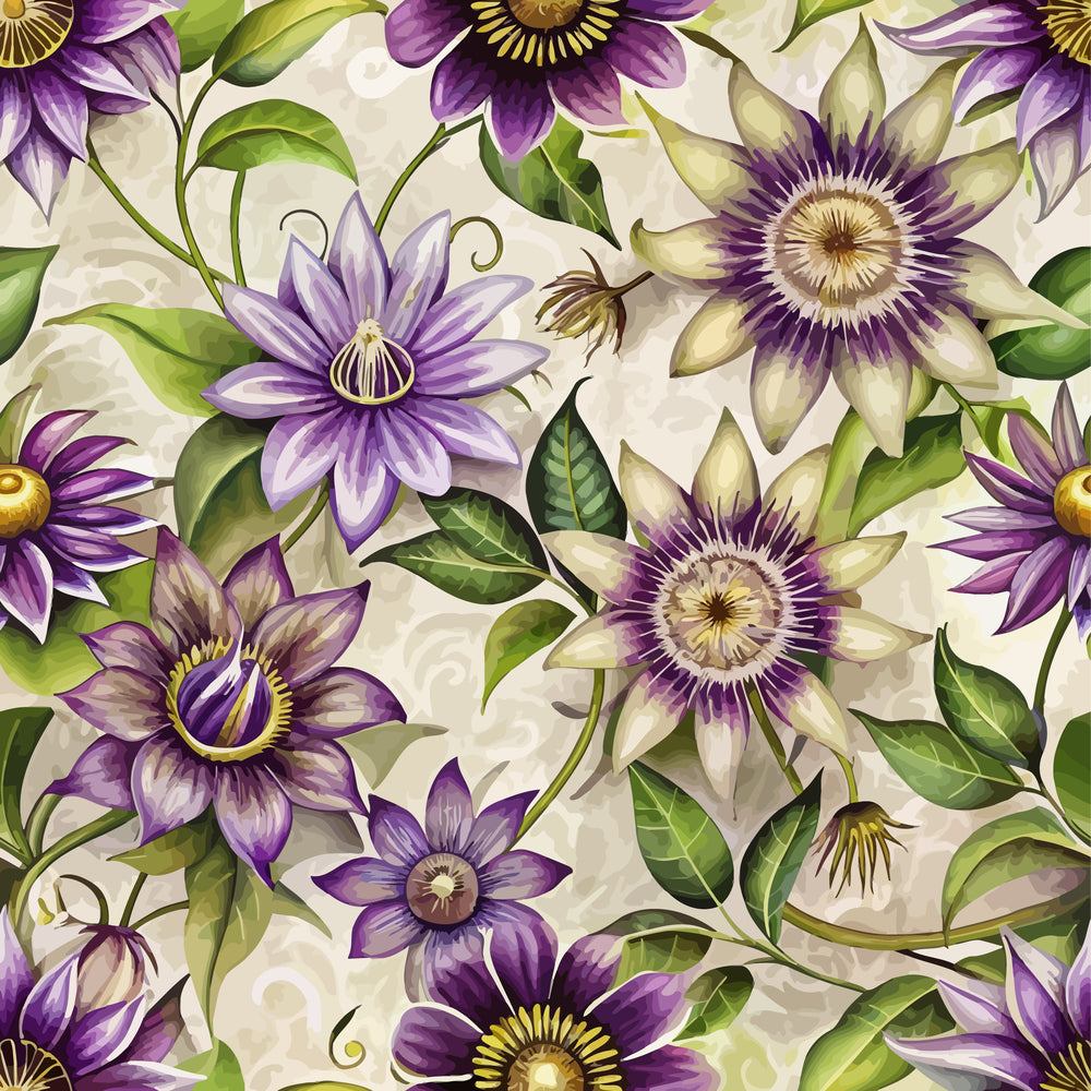 purple flowers, passionflowers, cream background, green leaves, botanical pattern, floral design, art nouveau style,, fabric panel, violet petals, golden centers, vine motifs, nature inspired, elegant florals, organic curves, decorative blooms, tropical flowers, flowing stems, ornate pattern, vintage aesthetic