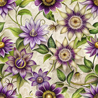 purple flowers, passionflowers, cream background, green leaves, botanical pattern, floral design, art nouveau style,, fabric panel, violet petals, golden centers, vine motifs, nature inspired, elegant florals, organic curves, decorative blooms, tropical flowers, flowing stems, ornate pattern, vintage aesthetic