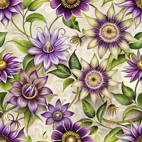 purple flowers, passionflowers, cream background, green leaves, botanical pattern, floral design, art nouveau style,, fabric panel, violet petals, golden centers, vine motifs, nature inspired, elegant florals, organic curves, decorative blooms, tropical flowers, flowing stems, ornate pattern, vintage aesthetic