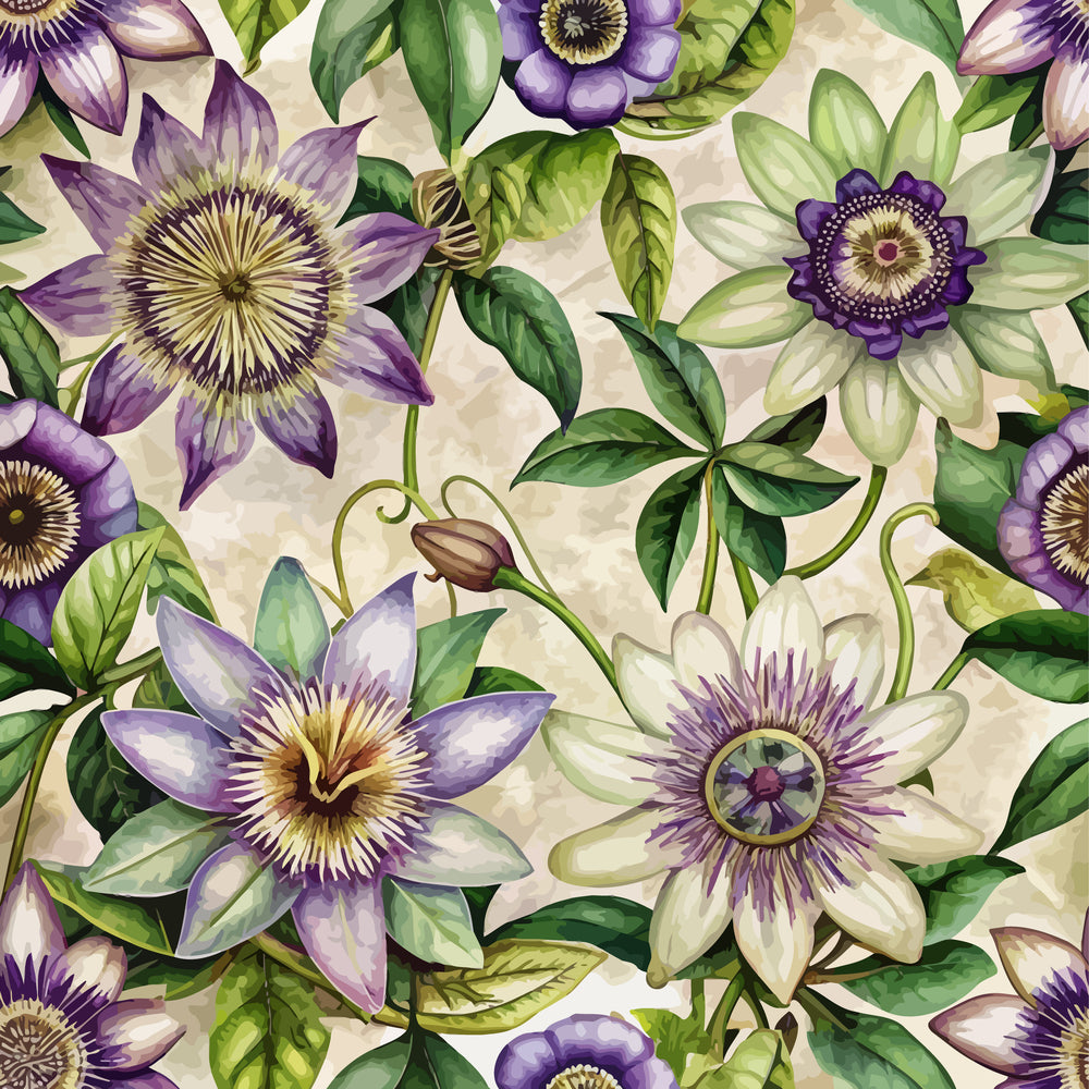 purple flowers, passion flowers, botanical pattern, green leaves, cream background, floral vines, art nouveau style,, fabric panel, intricate blooms, purple petals, vine tendrils, decorative florals, repeating pattern, botanical illustration, garden flowers, flowing design, organic motifs, nature inspired