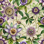 purple flowers, passion flowers, botanical pattern, green leaves, cream background, floral vines, art nouveau style,, fabric panel, intricate blooms, purple petals, vine tendrils, decorative florals, repeating pattern, botanical illustration, garden flowers, flowing design, organic motifs, nature inspired