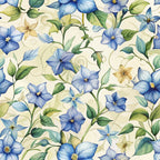 periwinkle blue, cream background, botanical pattern, floral design, green leaves, yellow flowers, art nouveau style, watercolor effect,, fabric panel, vine motifs, delicate blooms, nature inspired, soft pastels, flowing stems, organic curves, spring florals, seamless pattern, cotton fabric, decorative swirls