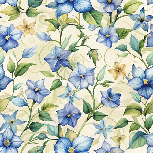 periwinkle blue, cream background, botanical pattern, floral design, green leaves, yellow flowers, art nouveau style, watercolor effect,, fabric panel, vine motifs, delicate blooms, nature inspired, soft pastels, flowing stems, organic curves, spring florals, seamless pattern, cotton fabric, decorative swirls