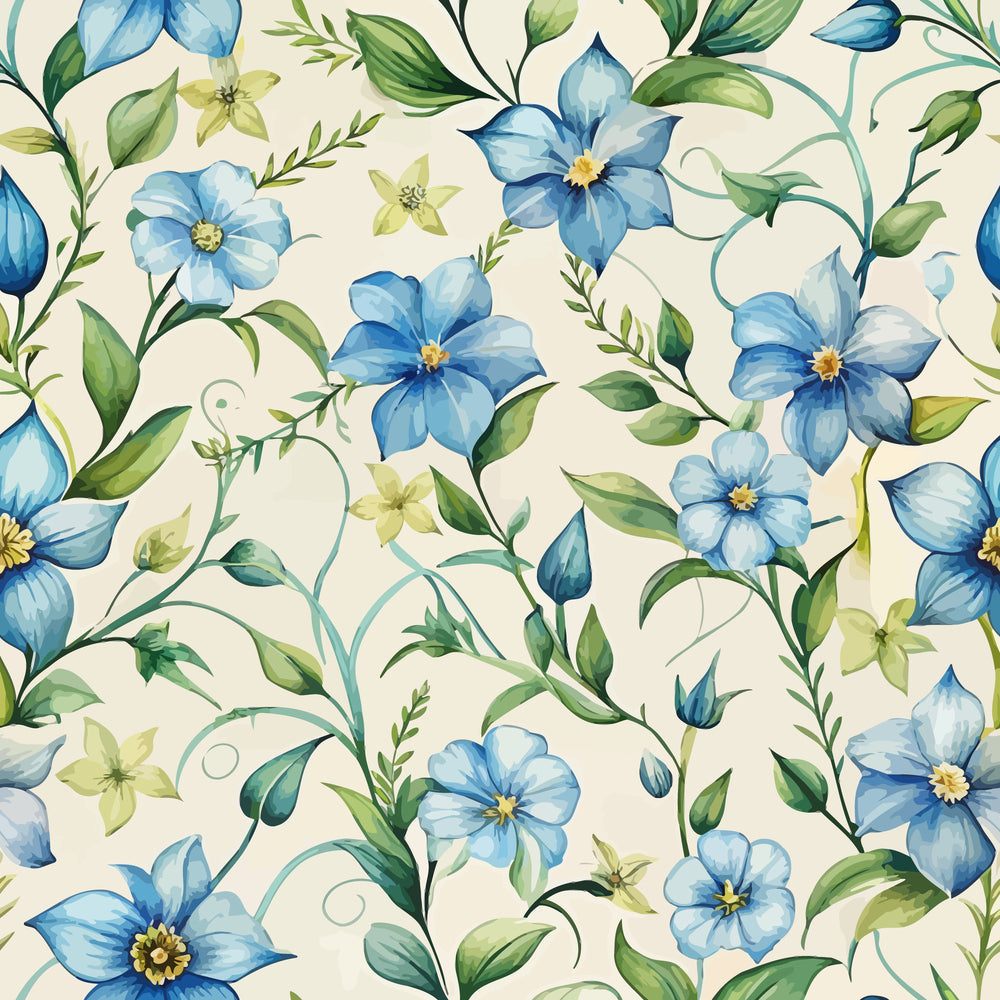 periwinkle blue, cream background, floral pattern, botanical design, green leaves, yellow centers, art nouveau style, flowing vines, organic curves, delicate flowers,, fabric panel, nature motif, soft watercolor, elegant florals, graceful stems, pastel palette, decorative blooms, whimsical garden