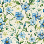 periwinkle blue, cream background, floral pattern, botanical design, green leaves, yellow centers, art nouveau style, flowing vines, organic curves, delicate flowers,, fabric panel, nature motif, soft watercolor, elegant florals, graceful stems, pastel palette, decorative blooms, whimsical garden