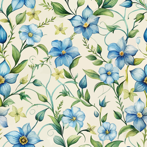 periwinkle blue, cream background, floral pattern, botanical design, green leaves, yellow centers, art nouveau style, flowing vines, organic curves, delicate flowers,, fabric panel, nature motif, soft watercolor, elegant florals, graceful stems, pastel palette, decorative blooms, whimsical garden
