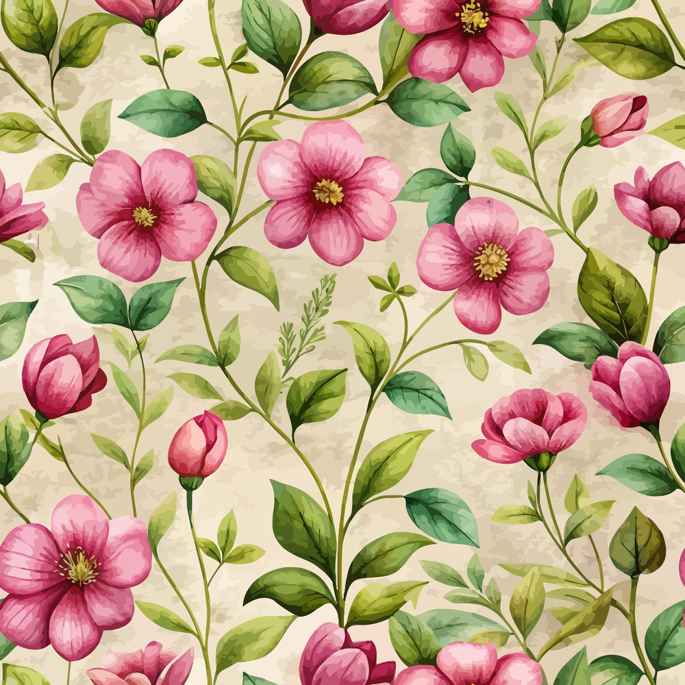 pink flowers, green leaves, floral pattern, botanical design, watercolor style, art nouveau, purslane blooms, cream background,, fabric panel, delicate florals, soft pink, sage green, yellow centers, flowing stems, vintage inspired, feminine design, seamless repeat, nature motif