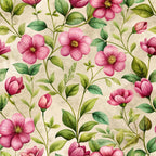 pink flowers, green leaves, floral pattern, botanical design, watercolor style, art nouveau, purslane blooms, cream background,, fabric panel, delicate florals, soft pink, sage green, yellow centers, flowing stems, vintage inspired, feminine design, seamless repeat, nature motif