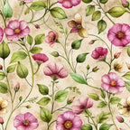 pink flowers, purslane blooms, green leaves, botanical pattern, floral design, art nouveau style, watercolor effect, beige background,, fabric panel, delicate petals, flowing vines, garden flowers, soft pastels, nature motif, repetitive pattern, organic shapes, botanical illustration, feminine floral, craft fabric