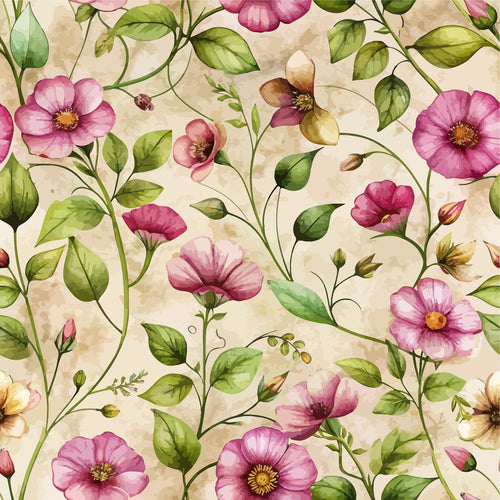pink flowers, purslane blooms, green leaves, botanical pattern, floral design, art nouveau style, watercolor effect, beige background,, fabric panel, delicate petals, flowing vines, garden flowers, soft pastels, nature motif, repetitive pattern, organic shapes, botanical illustration, feminine floral, craft fabric