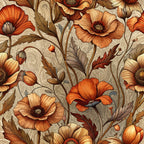 art nouveau, poppies, floral pattern, orange flowers, rust colored, burnt orange, cream background, botanical design, flowing stems, decorative leaves, vintage style, ornate florals,, fabric panel, seamless repeat, elegant motifs, warm tones, peach hues, brown accents, flowing vines