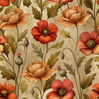 art nouveau, poppies, floral pattern, botanical design, orange flowers, red blooms, olive green leaves, cream background, seed pods, stems, vintage style,, fabric panel, warm tones, earth colors, flowing design, organic shapes, decorative motifs, nature inspired