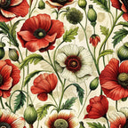 red poppies, cream background, botanical pattern, floral design, green leaves, seed pods, art nouveau style,, fabric panel, vintage illustration, coral flowers, white poppies, nature motif, flowing stems, decorative buds, elegant florals, garden flowers, textile design, peachy tones, olive green