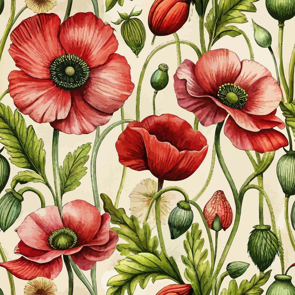 art nouveau, poppies, floral pattern, botanical illustration, red flowers, coral petals, green stems, seed pods, watercolor style,, fabric panel, vintage botanical, delicate petals, nature motif, cream background, pink blooms, realistic flowers, garden flowers, spring florals, detailed illustration