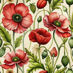 art nouveau, poppies, floral pattern, botanical illustration, red flowers, coral petals, green stems, seed pods, watercolor style,, fabric panel, vintage botanical, delicate petals, nature motif, cream background, pink blooms, realistic flowers, garden flowers, spring florals, detailed illustration