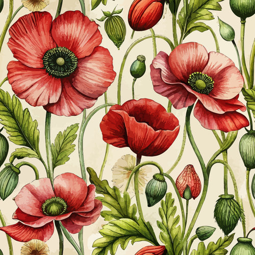 art nouveau, poppies, floral pattern, botanical illustration, red flowers, coral petals, green stems, seed pods, watercolor style,, fabric panel, vintage botanical, delicate petals, nature motif, cream background, pink blooms, realistic flowers, garden flowers, spring florals, detailed illustration