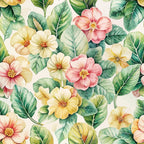art nouveau, primroses, floral pattern, watercolor style, botanical design, pink flowers, yellow blooms, green leaves, cream background,, fabric panel, vintage florals, delicate petals, nature motif, soft pastels, repeating pattern, garden flowers, spring theme, feminine design, cottagecore aesthetic
