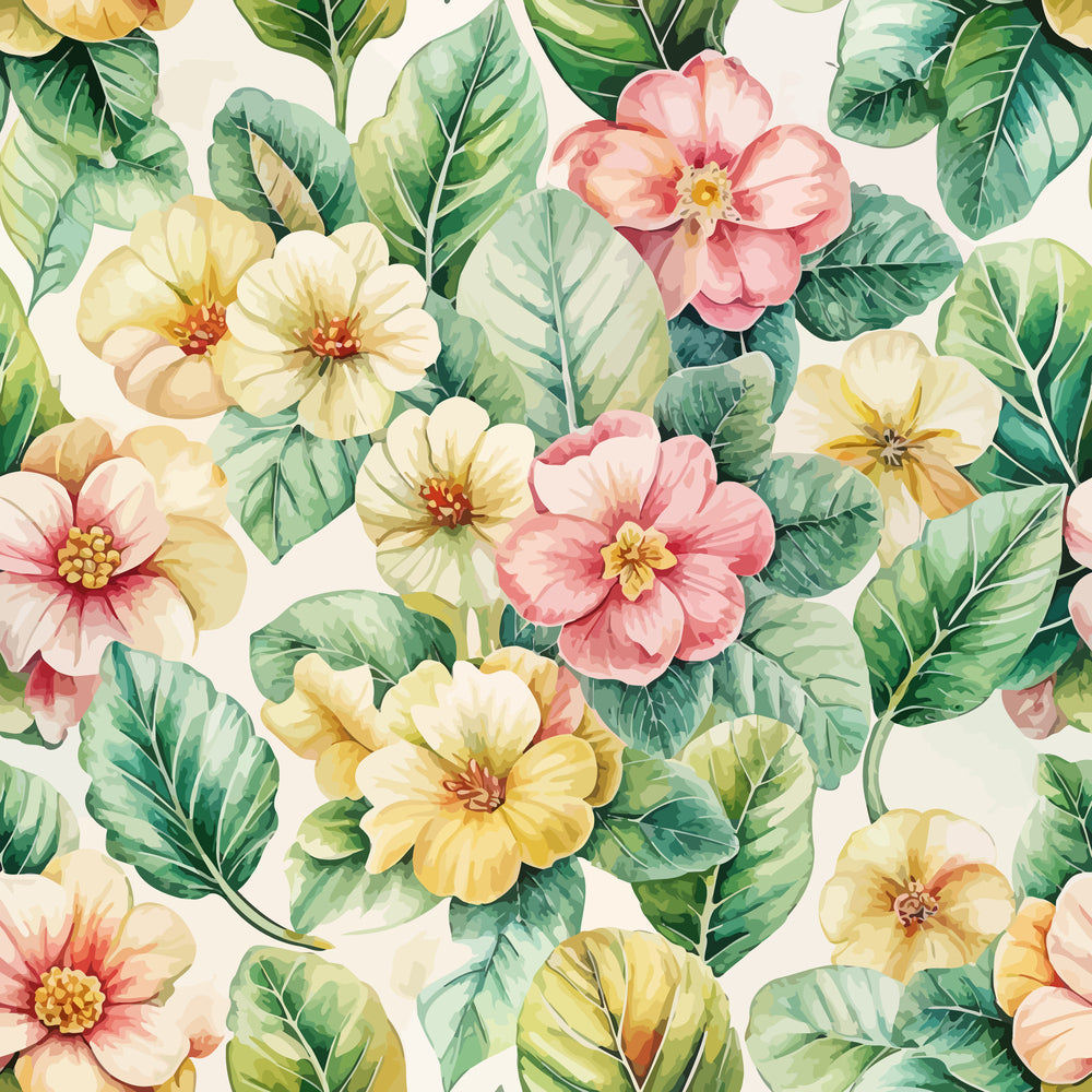 art nouveau, primroses, floral pattern, watercolor style, botanical design, pink flowers, yellow blooms, green leaves, cream background,, fabric panel, vintage florals, delicate petals, nature motif, soft pastels, repeating pattern, garden flowers, spring theme, feminine design, cottagecore aesthetic