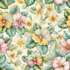 art nouveau, primroses, floral pattern, watercolor style, soft pastels, pink flowers, yellow blooms, cream petals, green leaves, botanical design,, fabric panel, delicate florals, vintage inspired, spring flowers, seamless repeat, romantic florals, garden motifs, pastel palette, nature pattern