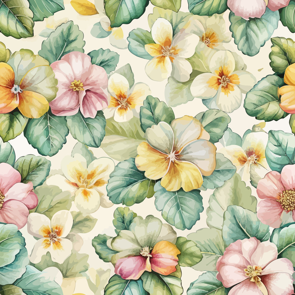 art nouveau, primroses, floral pattern, watercolor style, soft pastels, pink flowers, yellow blooms, cream petals, green leaves, botanical design,, fabric panel, delicate florals, vintage inspired, spring flowers, seamless repeat, romantic florals, garden motifs, pastel palette, nature pattern