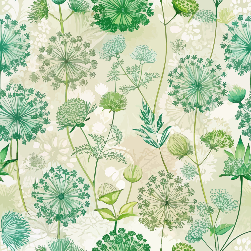 green, sage green, mint green, lime green, cream background, queen anne's lace, umbellifer flowers, delicate florals, botanical pattern, art nouveau style, nature inspired, wildflowers, lace flowers, organic shapes, flowing stems, garden motifs,, fabric panel, soft pastels, vintage botanical