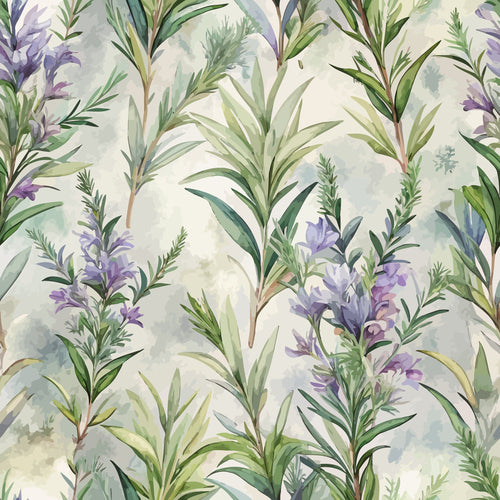 watercolor botanical, rosemary sprigs, purple lavender, sage green, cream background, herb garden, nature pattern,, fabric panel, soft pastels, organic design, flowing branches, delicate florals, natural elements, garden herbs, muted tones, botanical illustration, seamless repeat, spring motifs