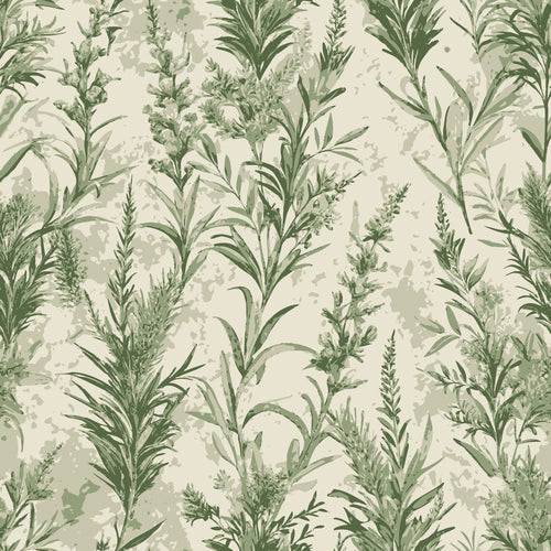 sage green, cream background, rosemary sprigs, botanical pattern, herb motif, art nouveau style, organic design, nature inspired,, fabric panel, muted tones, flowing branches, leafy stems, natural elements, earthy palette, vintage aesthetic, seamless repeat, culinary herbs, garden theme