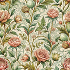 art nouveau, roses, floral pattern, pink roses, coral flowers, green leaves, sage green, cream background, botanical design, vintage style, flowing vines, ornate scrollwork, romantic florals,, fabric panel, rose buds, layered petals, organic curves, decorative swirls, muted pastels