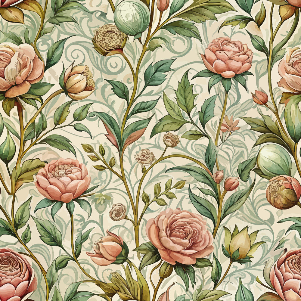 art nouveau, roses, floral pattern, pink roses, coral flowers, green leaves, sage green, cream background, botanical design, vintage style, flowing vines, ornate scrollwork, romantic florals,, fabric panel, rose buds, layered petals, organic curves, decorative swirls, muted pastels