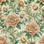 art nouveau, roses, floral pattern, beige background, cream roses, sage green leaves, botanical design, vintage style,, fabric panel, swirling vines, layered petals, romantic florals, muted tones, dusty rose, olive green, seamless repeat, ornate scrollwork, decorative foliage, elegant blooms