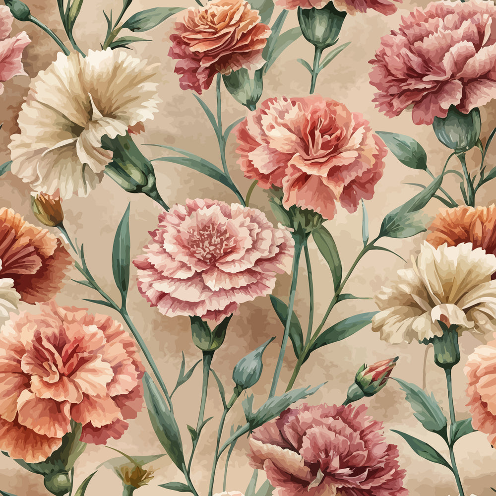 carnations, ruffled flowers, pink blooms, coral petals, cream flowers, beige background, green stems, floral pattern, botanical design, vintage style, art nouveau,, fabric panel, layered petals, garden flowers, romantic florals, soft pastels, repeating pattern, delicate buds
