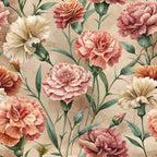 carnations, ruffled flowers, pink blooms, coral petals, cream flowers, beige background, green stems, floral pattern, botanical design, vintage style, art nouveau,, fabric panel, layered petals, garden flowers, romantic florals, soft pastels, repeating pattern, delicate buds