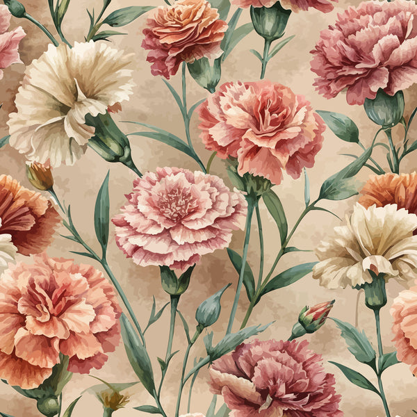 carnations, ruffled flowers, pink blooms, coral petals, cream flowers, beige background, green stems, floral pattern, botanical design, vintage style, art nouveau,, fabric panel, layered petals, garden flowers, romantic florals, soft pastels, repeating pattern, delicate buds