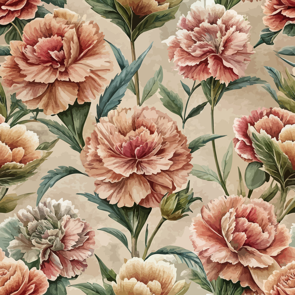 peach carnations, coral flowers, sage green leaves, cream background, botanical pattern, ruffled petals, floral design, art nouveau style,, fabric panel, romantic florals, vintage inspired, soft pastels, layered blooms, garden flowers, elegant pattern, nature motif, peachy pink, muted tones, decorative florals