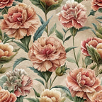 peach carnations, coral flowers, sage green leaves, cream background, botanical pattern, ruffled petals, floral design, art nouveau style,, fabric panel, romantic florals, vintage inspired, soft pastels, layered blooms, garden flowers, elegant pattern, nature motif, peachy pink, muted tones, decorative florals
