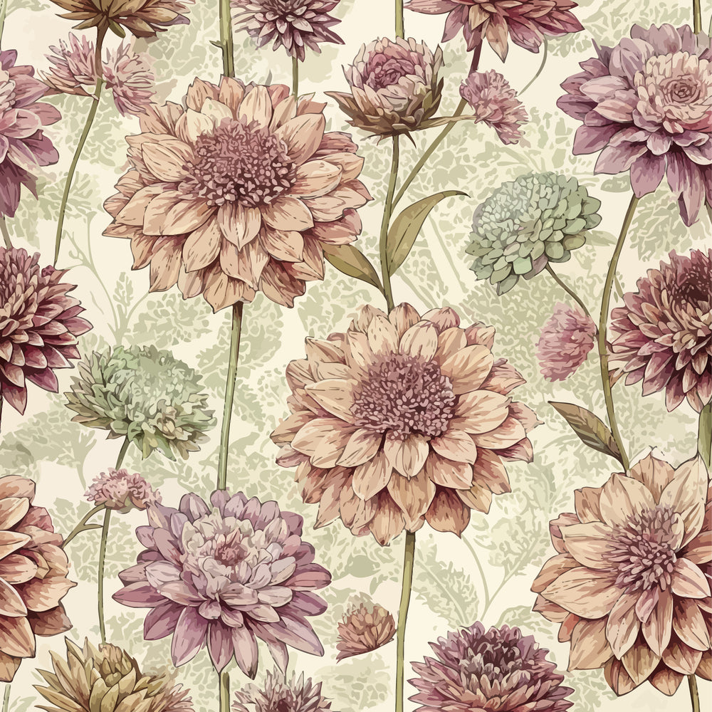 vintage floral, scabiosa flowers, mauve, dusty pink, sage green, cream background, botanical illustration, art nouveau style,, fabric panel, repeating pattern, layered petals, muted tones, romantic florals, nature motif, textile design, soft pastels, garden flowers