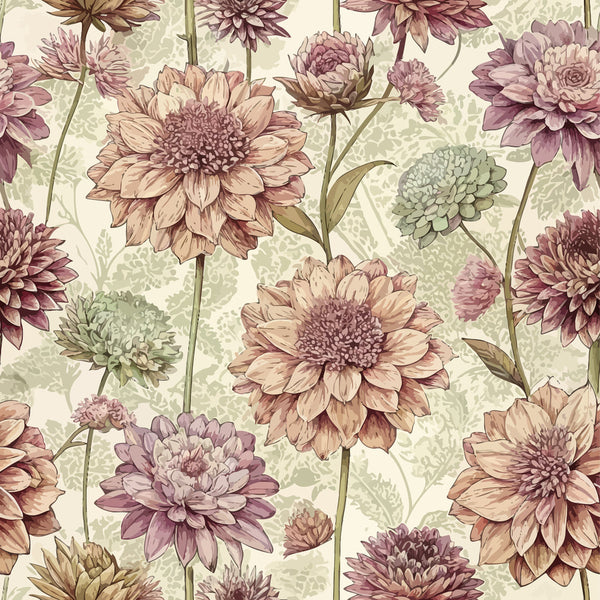 vintage floral, scabiosa flowers, mauve, dusty pink, sage green, cream background, botanical illustration, art nouveau style,, fabric panel, repeating pattern, layered petals, muted tones, romantic florals, nature motif, textile design, soft pastels, garden flowers