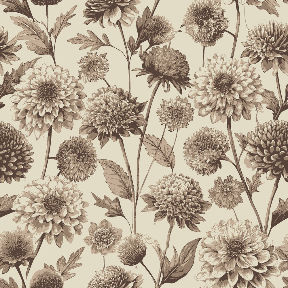 beige, taupe, brown, sepia tones, scabiosa flowers, botanical pattern, floral design, vintage illustration, art nouveau style, delicate petals, stems and leaves, nature motif,, fabric panel, soft palette, romantic mood, garden flowers, repeating pattern, textured blooms, antique aesthetic