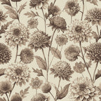 beige, taupe, brown, sepia tones, scabiosa flowers, botanical pattern, floral design, vintage illustration, art nouveau style, delicate petals, stems and leaves, nature motif,, fabric panel, soft palette, romantic mood, garden flowers, repeating pattern, textured blooms, antique aesthetic