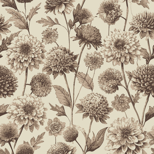 beige, taupe, brown, sepia tones, scabiosa flowers, botanical pattern, floral design, vintage illustration, art nouveau style, delicate petals, stems and leaves, nature motif,, fabric panel, soft palette, romantic mood, garden flowers, repeating pattern, textured blooms, antique aesthetic