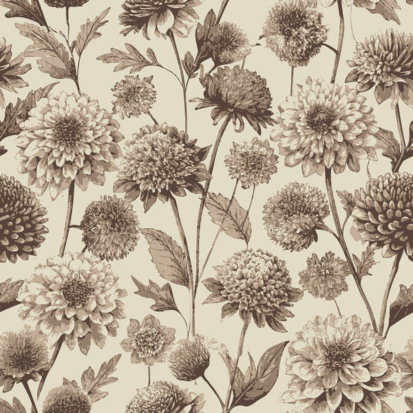 beige, taupe, brown, sepia tones, scabiosa flowers, botanical pattern, floral design, vintage illustration, art nouveau style, delicate petals, stems and leaves, nature motif,, fabric panel, soft palette, romantic mood, garden flowers, repeating pattern, textured blooms, antique aesthetic