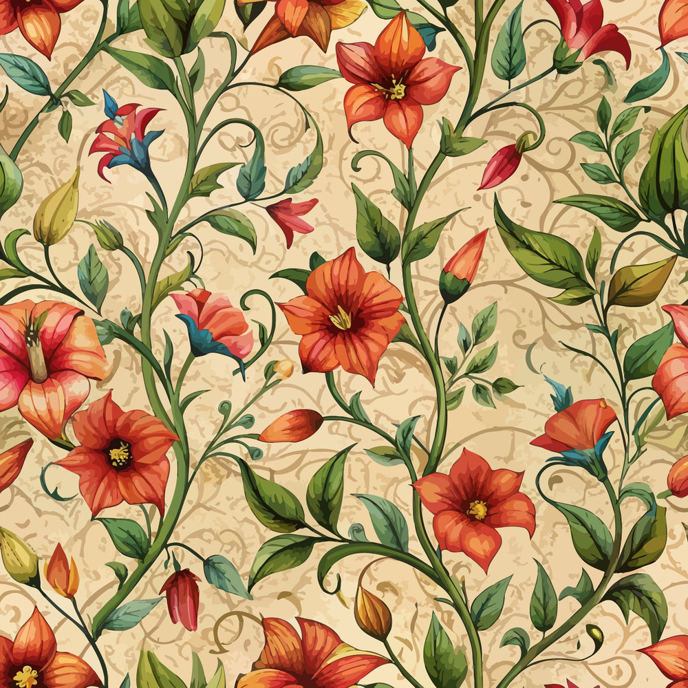scarlet red, orange blooms, green foliage, cream background, art nouveau, floral pattern, botanical design, curving vines, decorative scrollwork, vintage swirls, ornate flowers,, fabric panel, nature motif, elegant florals, warm tones, flowing stems, petal details, organic curves, seamless repeat