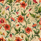 scarlet red, orange blooms, green foliage, cream background, art nouveau, floral pattern, botanical design, curving vines, decorative scrollwork, vintage swirls, ornate flowers,, fabric panel, nature motif, elegant florals, warm tones, flowing stems, petal details, organic curves, seamless repeat